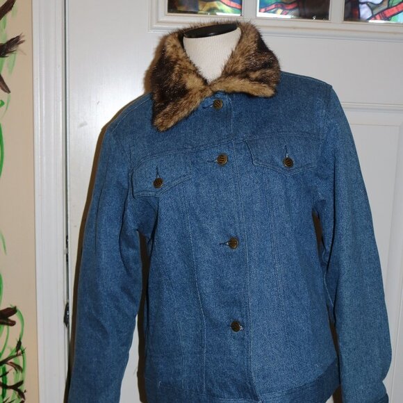 dennis basso denim coat with faux fur trim size small - Picture 1 of 9